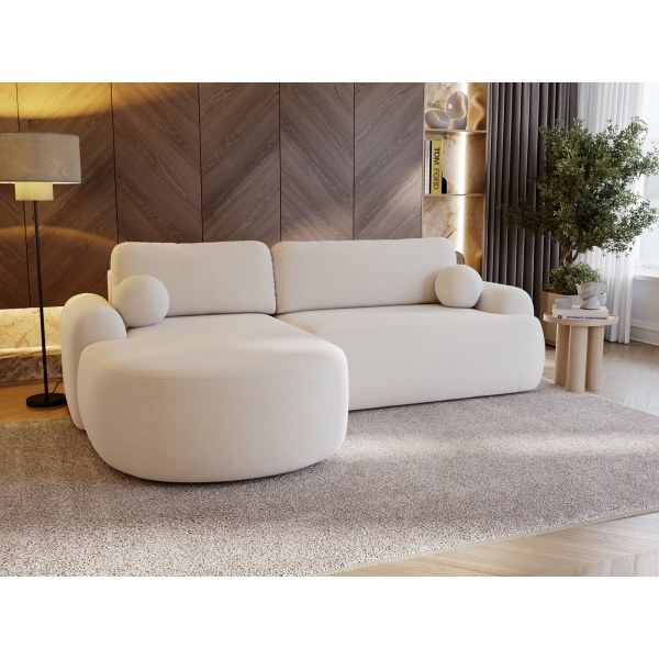 NAROŻNIK Z FUNKCJĄ SPANIA AGAT L DO SALONU W ŚMIETANKOWEJ TKANINIE - W ARANŻACJI